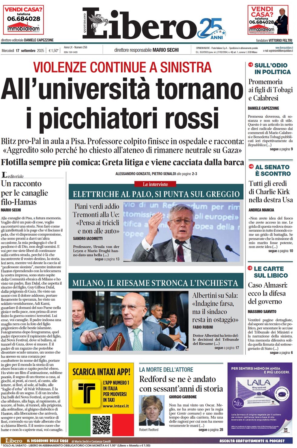 Prima Pagina Libero Quotidiano 17/09/2025