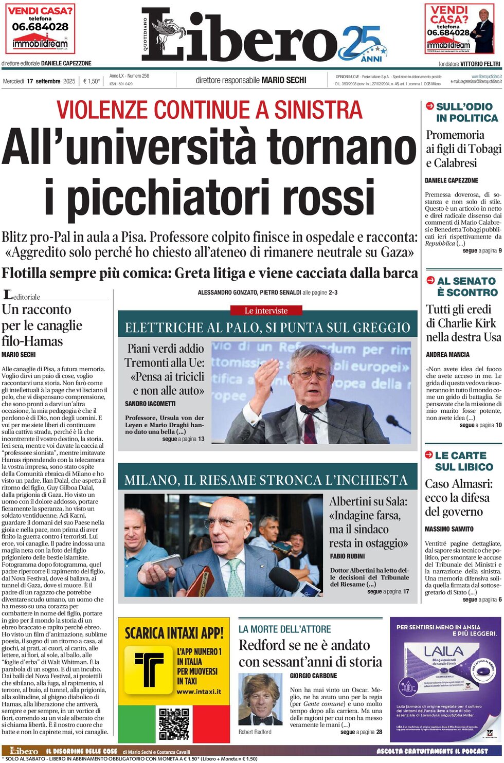 Prima Pagina Libero Quotidiano 17/09/2025