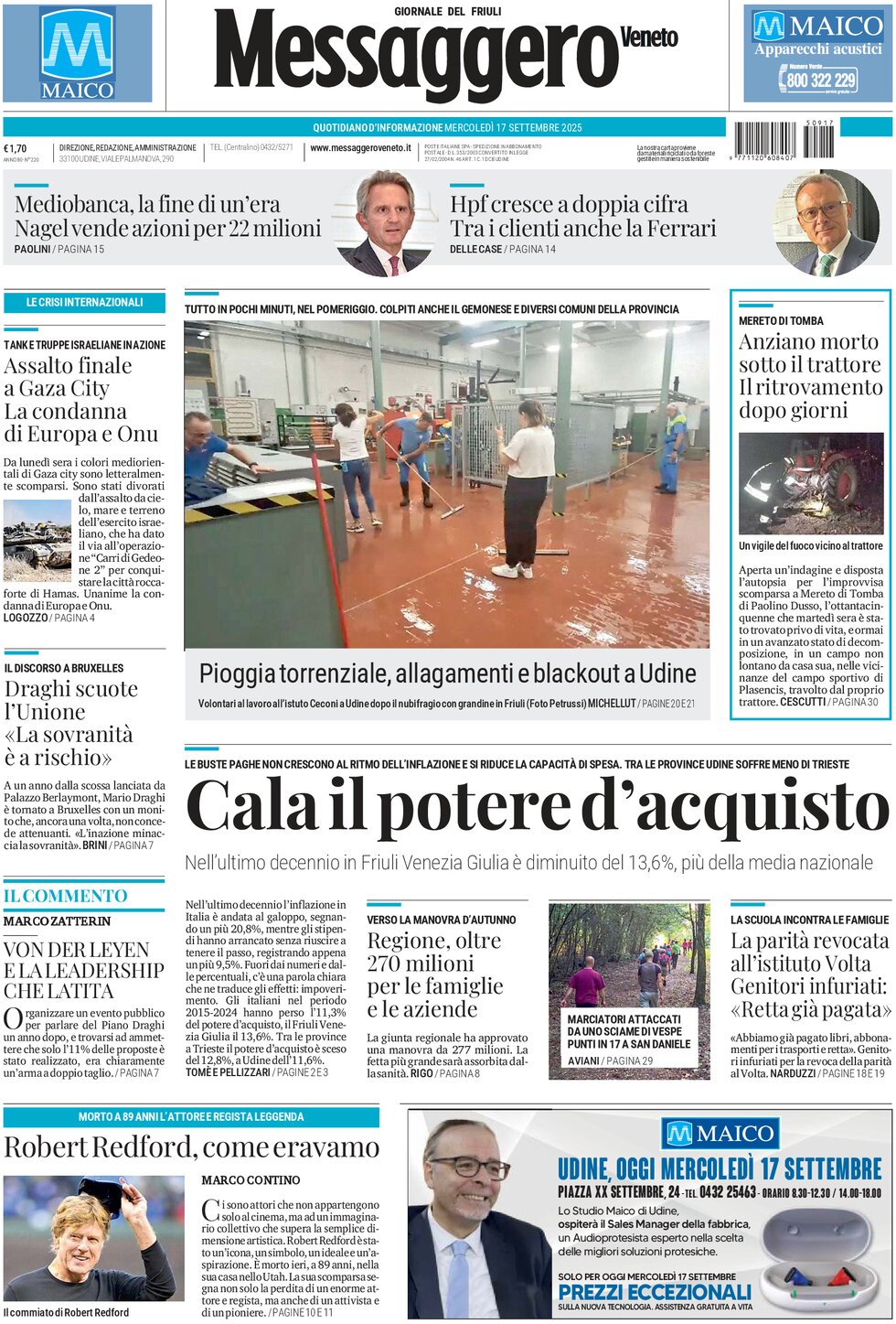 Prima Pagina Messaggero Veneto (Udine) 17/09/2025