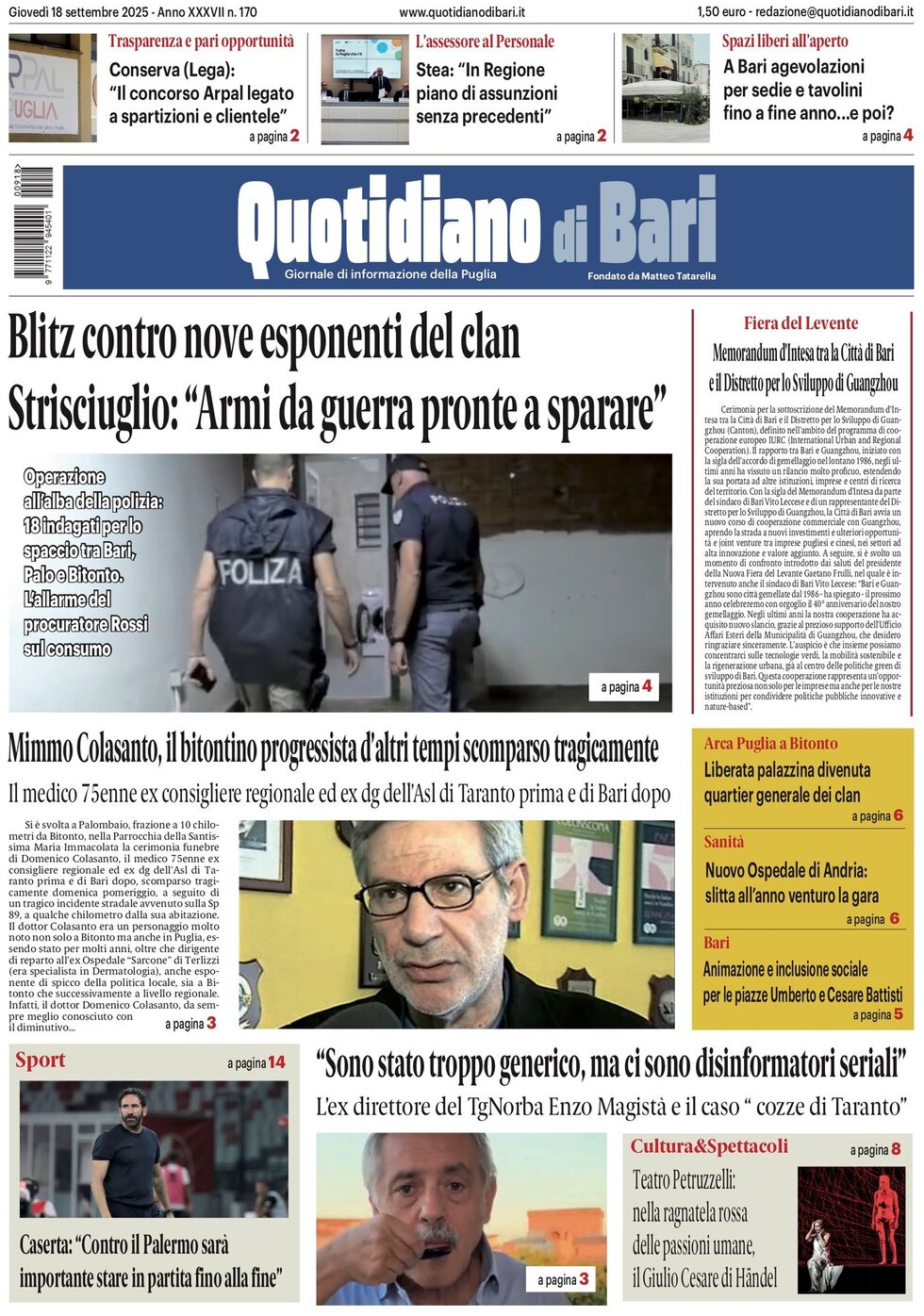 Prima Pagina Quotidiano di Bari 18/09/2025