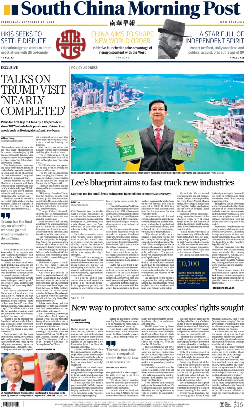 Prima Pagina South China Morning Post 17/09/2025