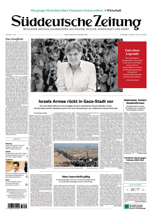 Prima Pagina Süddeutsche Zeitung 17/09/2025
