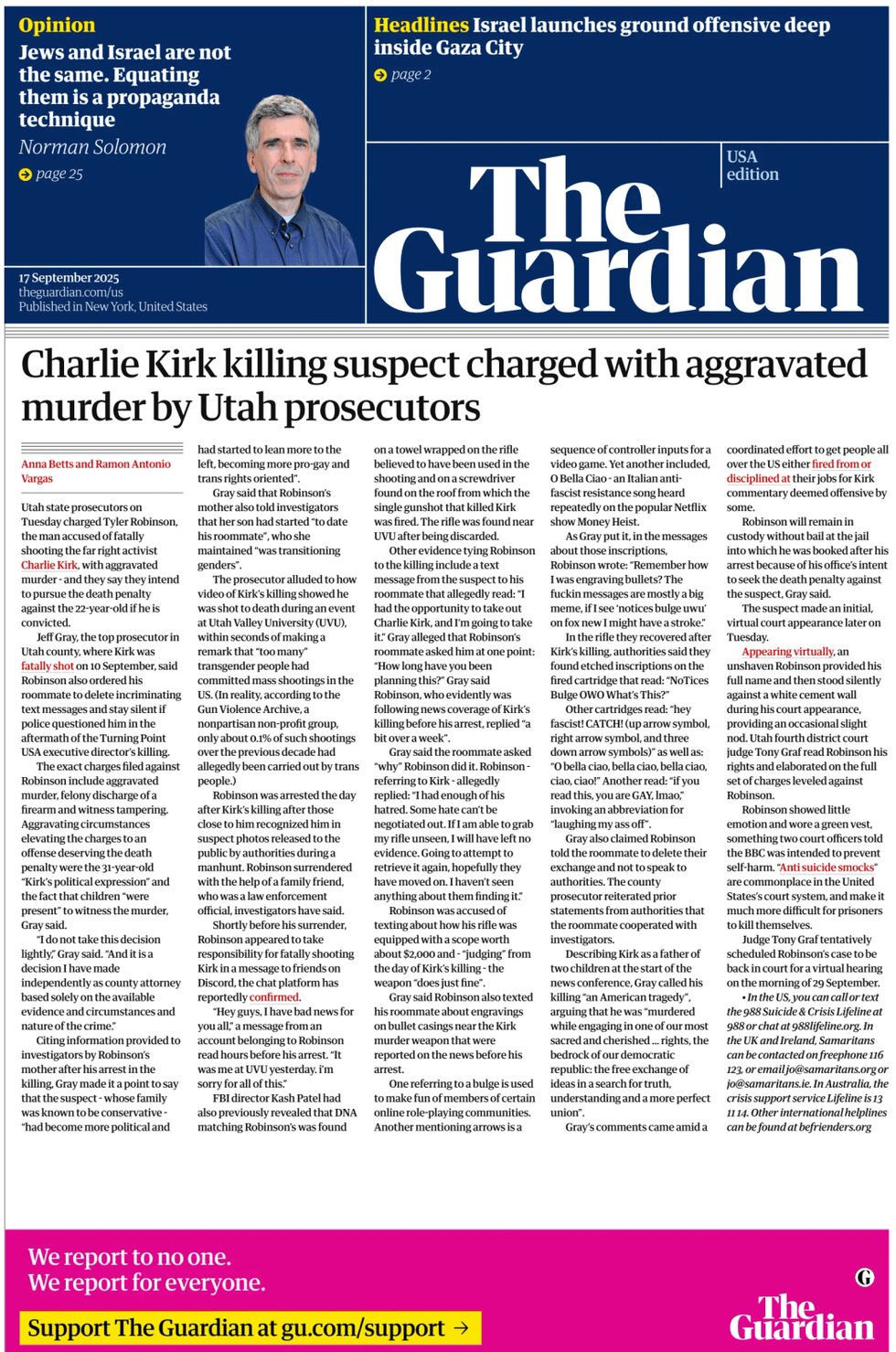 Prima Pagina The Guardian US 17/09/2025
