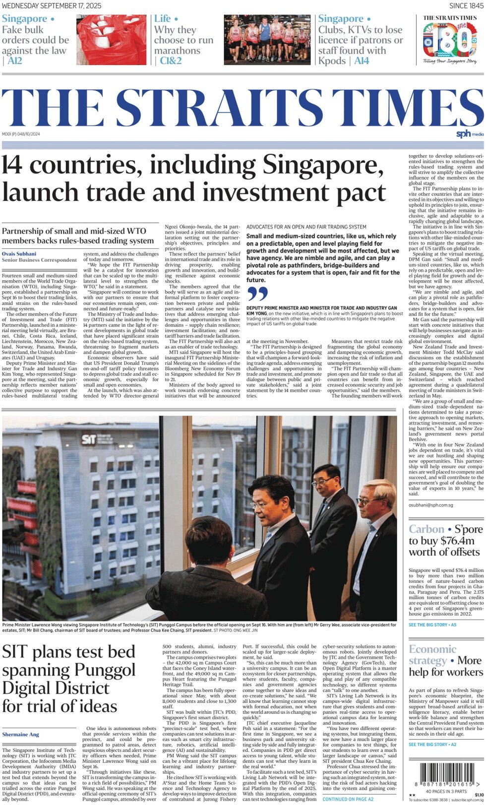 Prima Pagina The Straits Times 17/09/2025