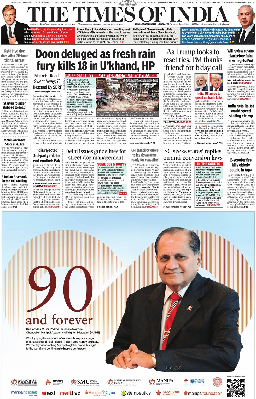 Prima Pagina The Times of India 17/09/2025