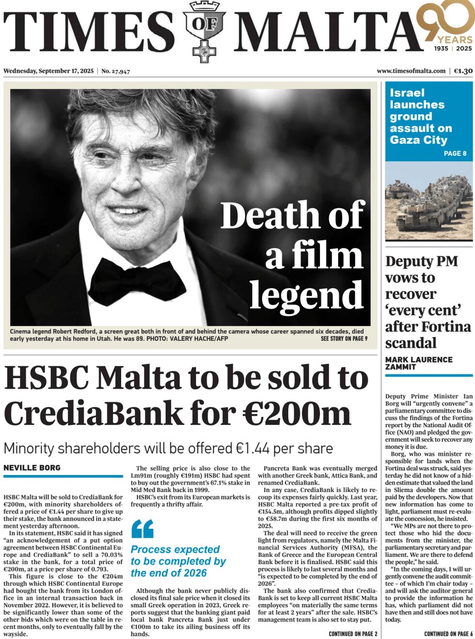 Prima Pagina Times of Malta 17/09/2025
