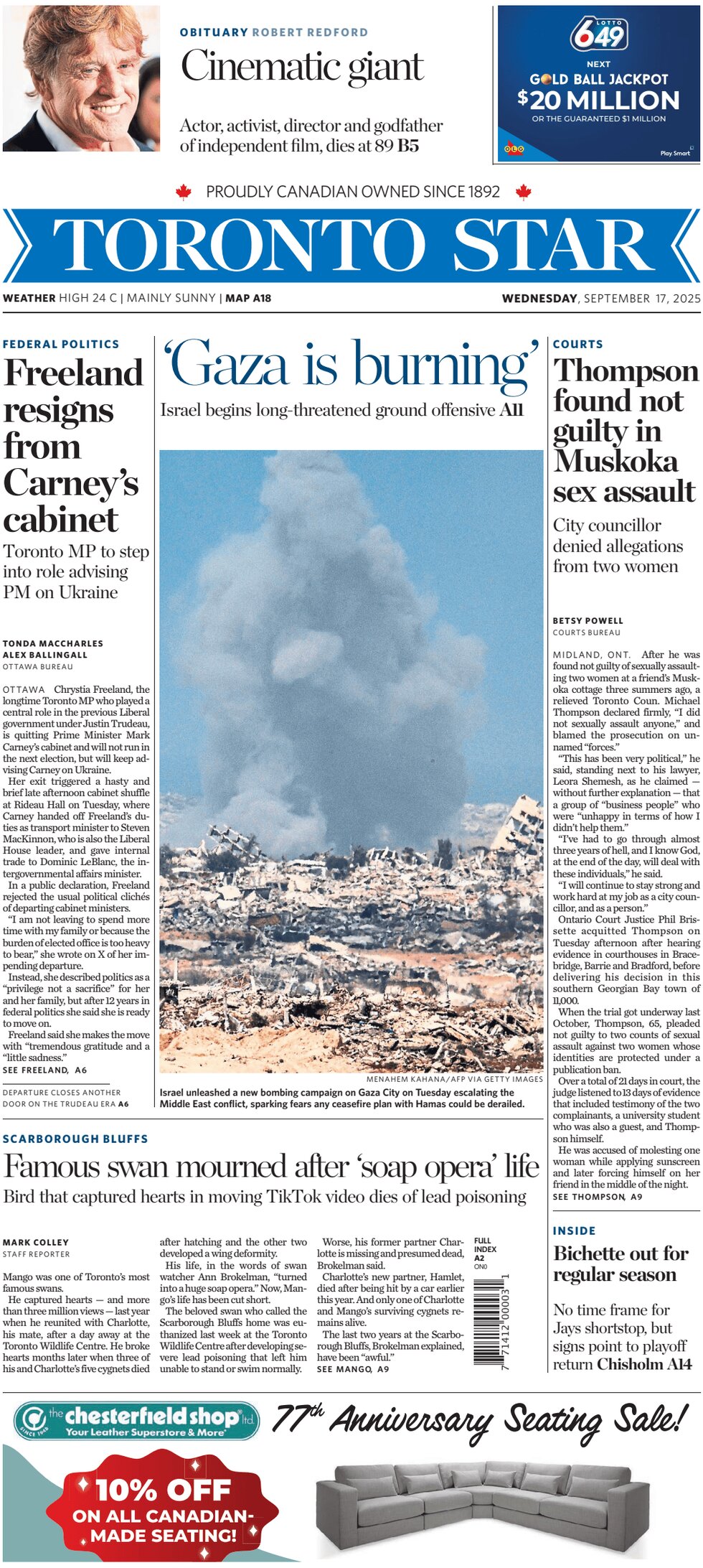 Prima Pagina Toronto Star 17/09/2025