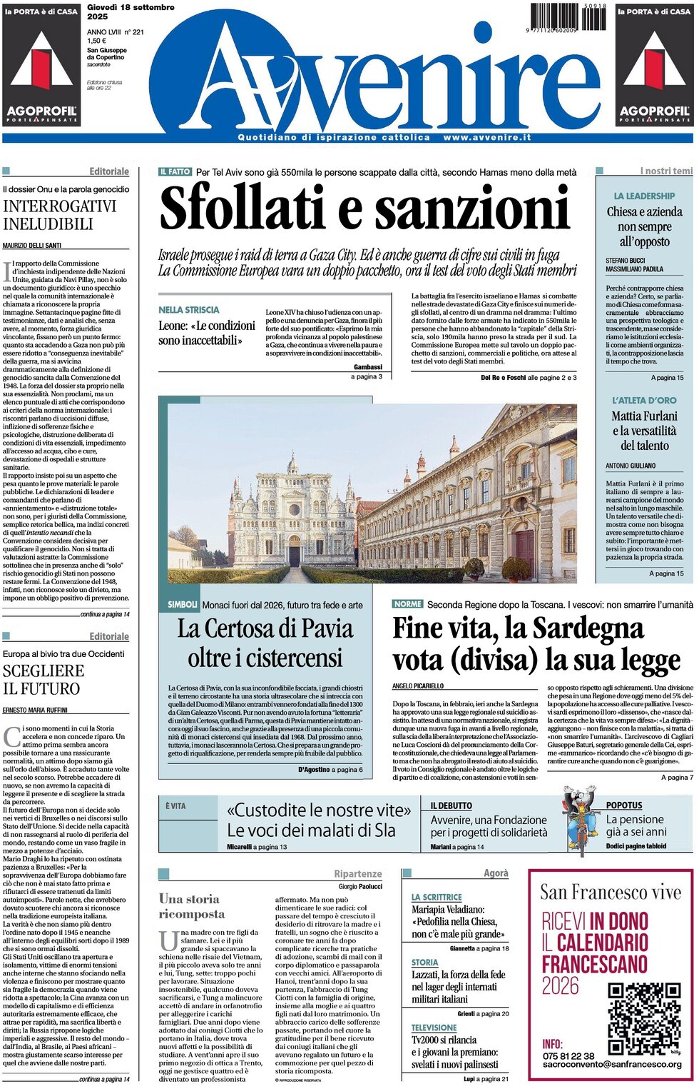 Prima Pagina Avvenire 18/09/2025