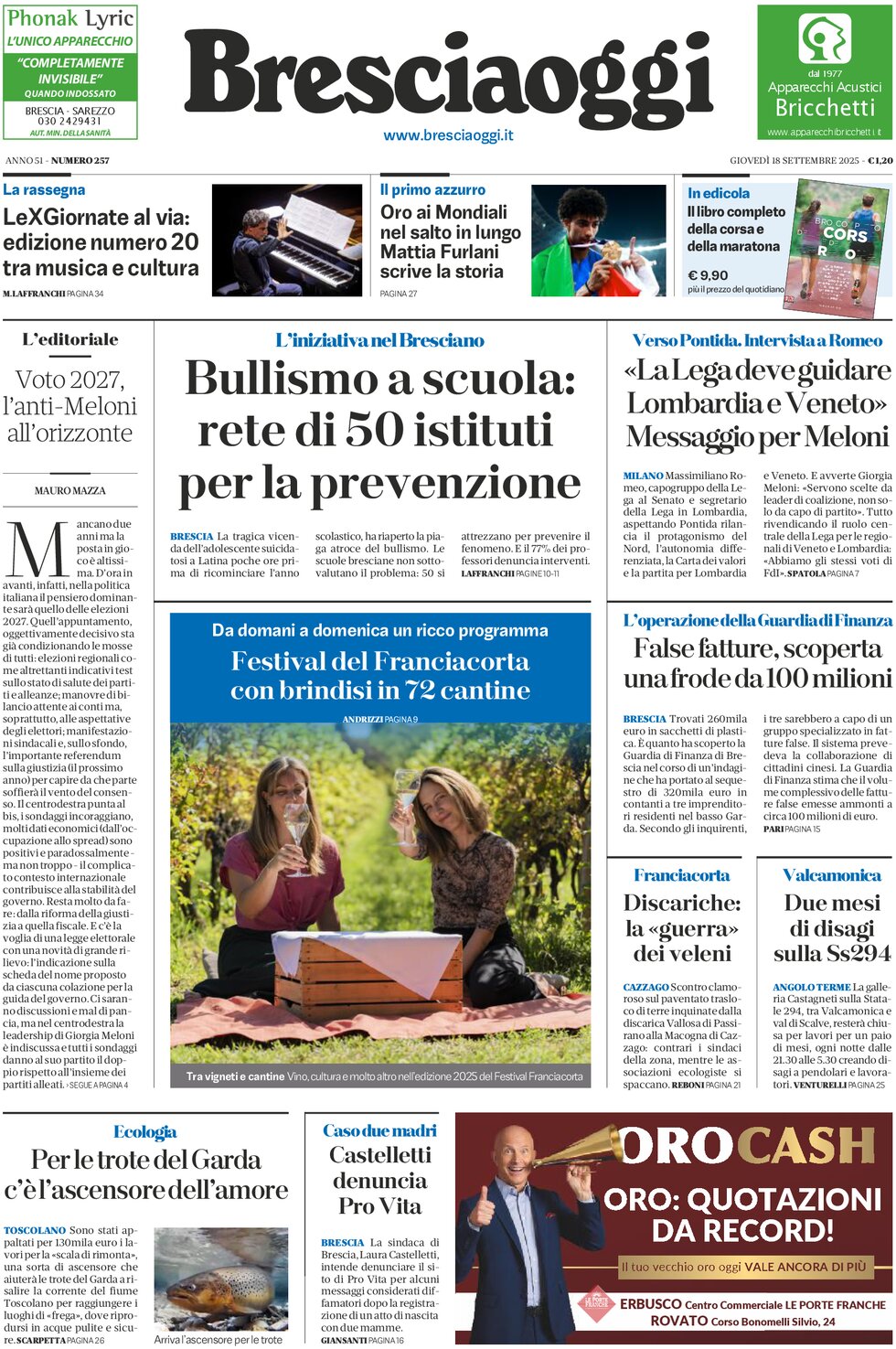 Prima Pagina Brescia Oggi 18/09/2025