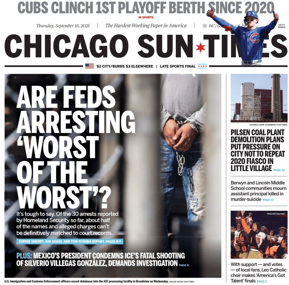 Prima Pagina Chicago Sun-Times 18/09/2025