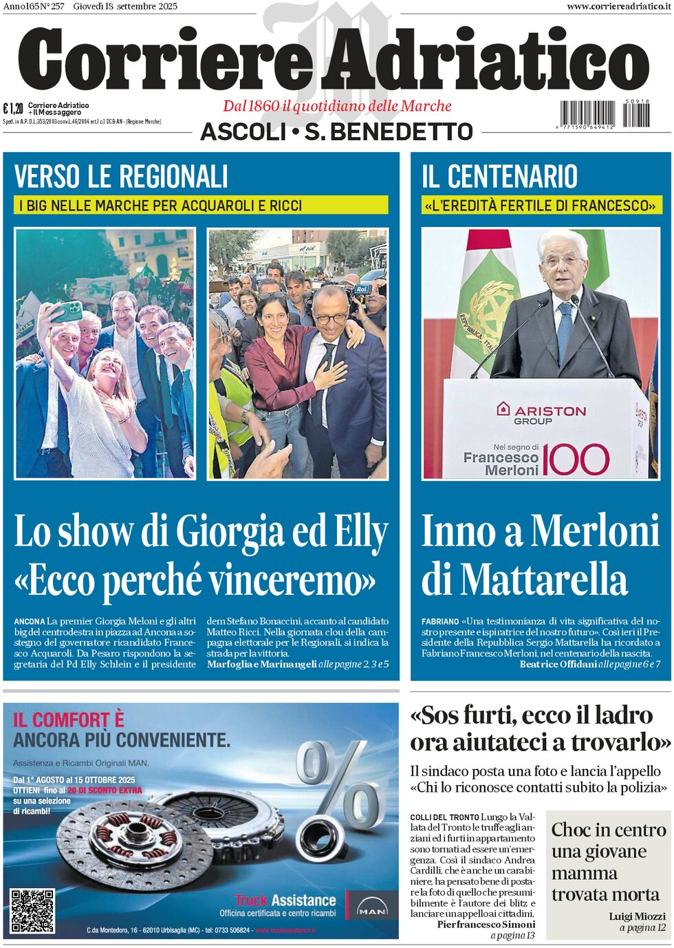 Prima Pagina Corriere Adriatico (Ascoli) 18/09/2025