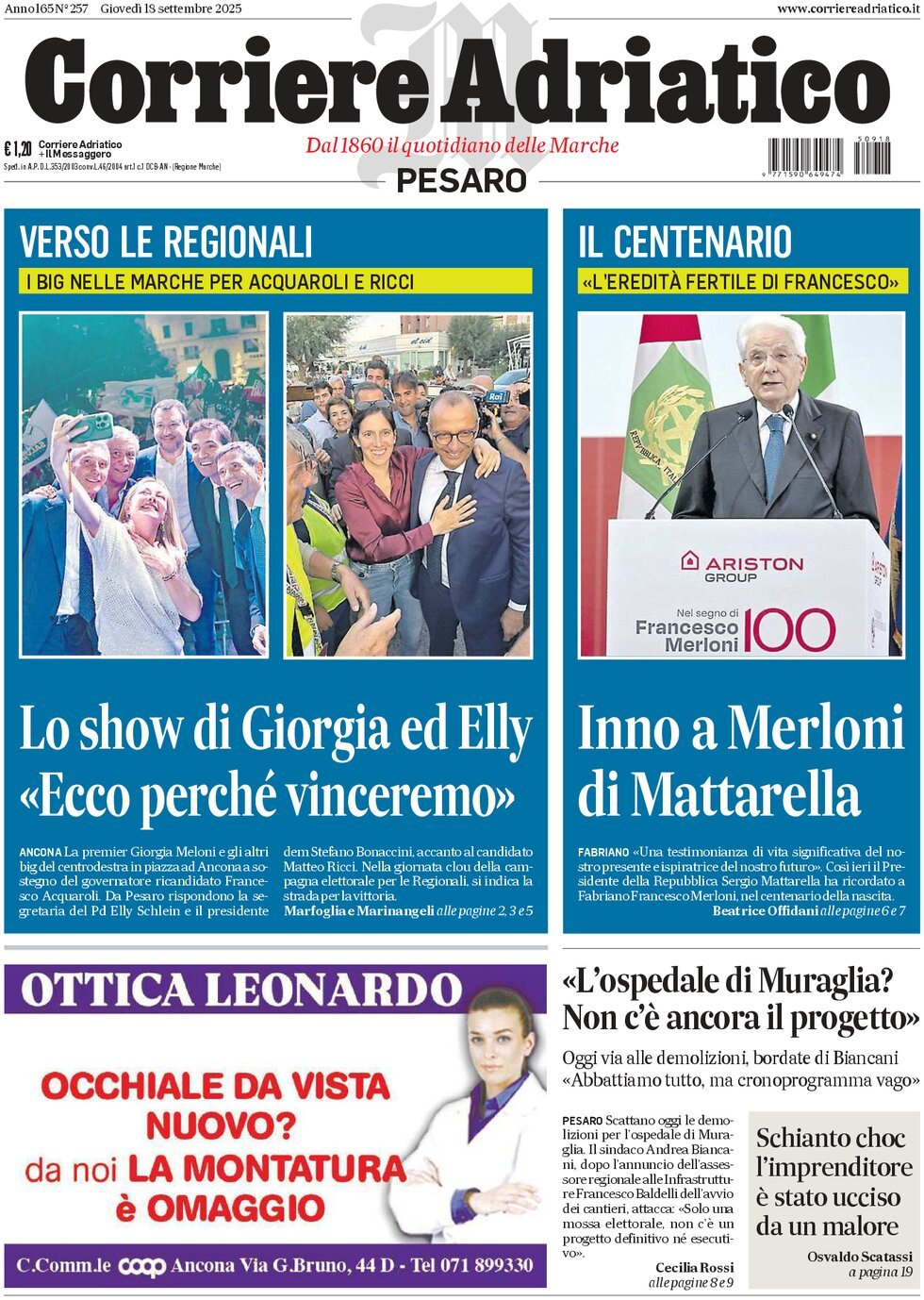 Prima Pagina Corriere Adriatico (Pesaro) 18/09/2025