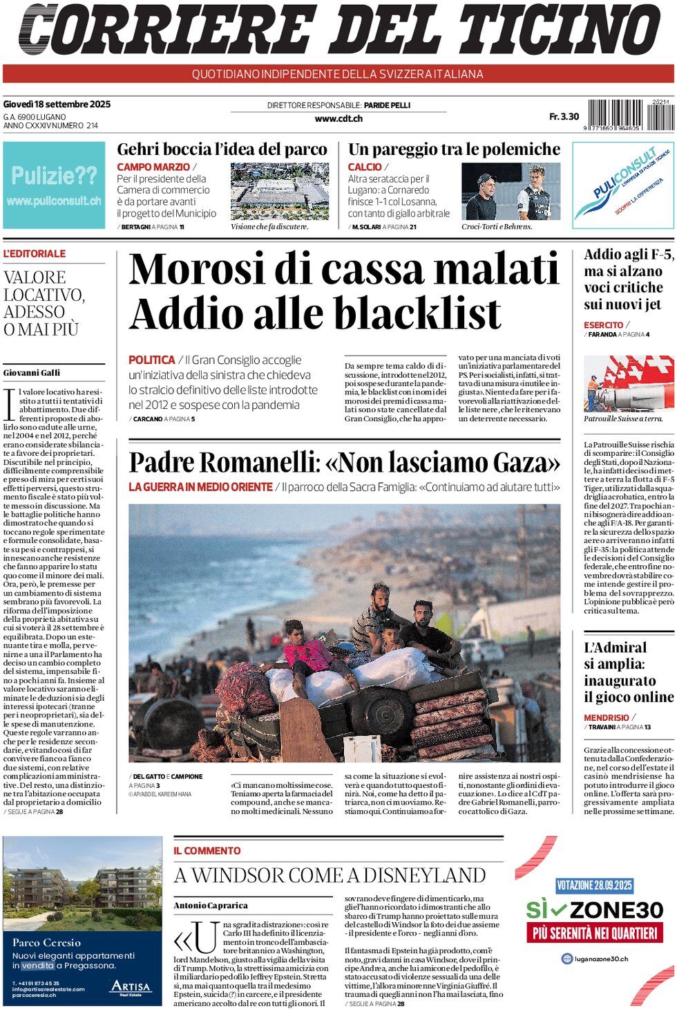 Prima Pagina Corriere del Ticino 18/09/2025