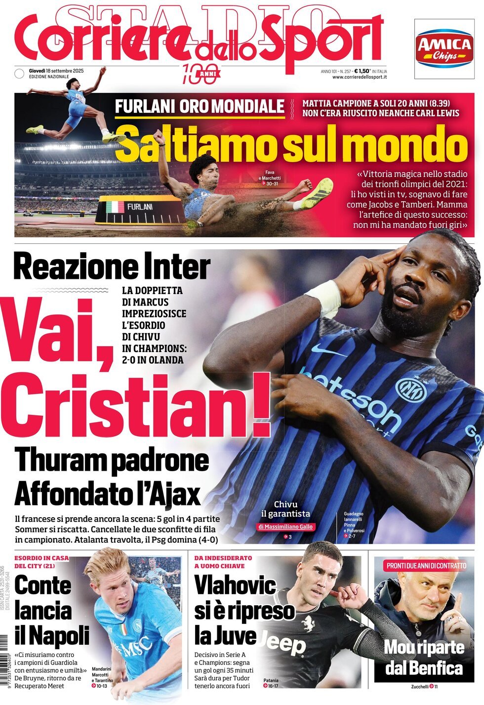 Prima Pagina Corriere dello Sport 18/09/2025