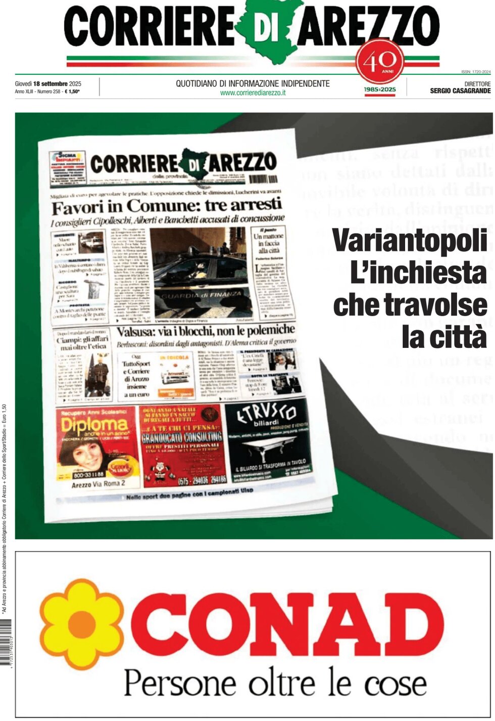 Prima Pagina Corriere di Arezzo 18/09/2025
