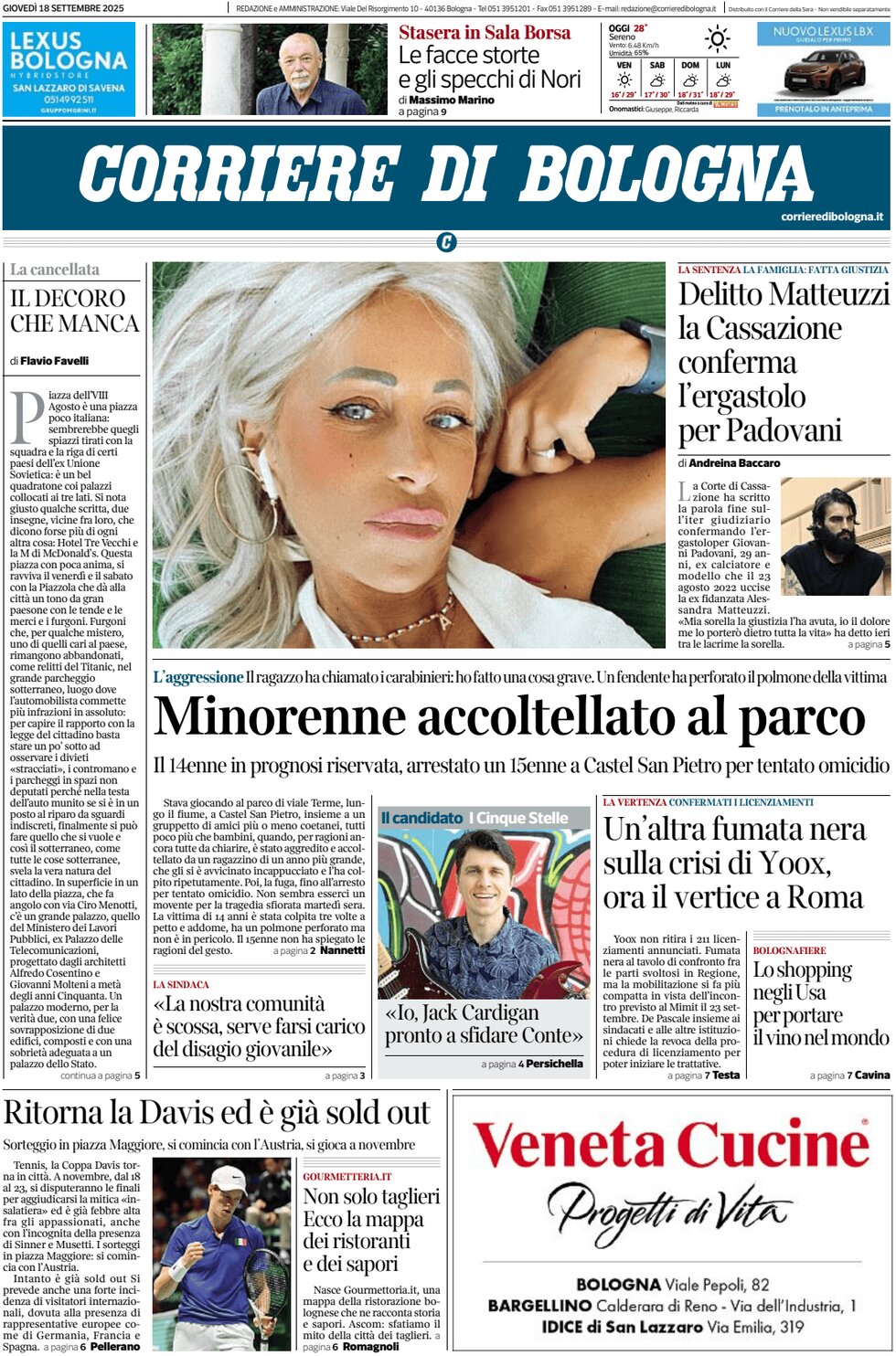 Prima Pagina Corriere di Bologna 18/09/2025