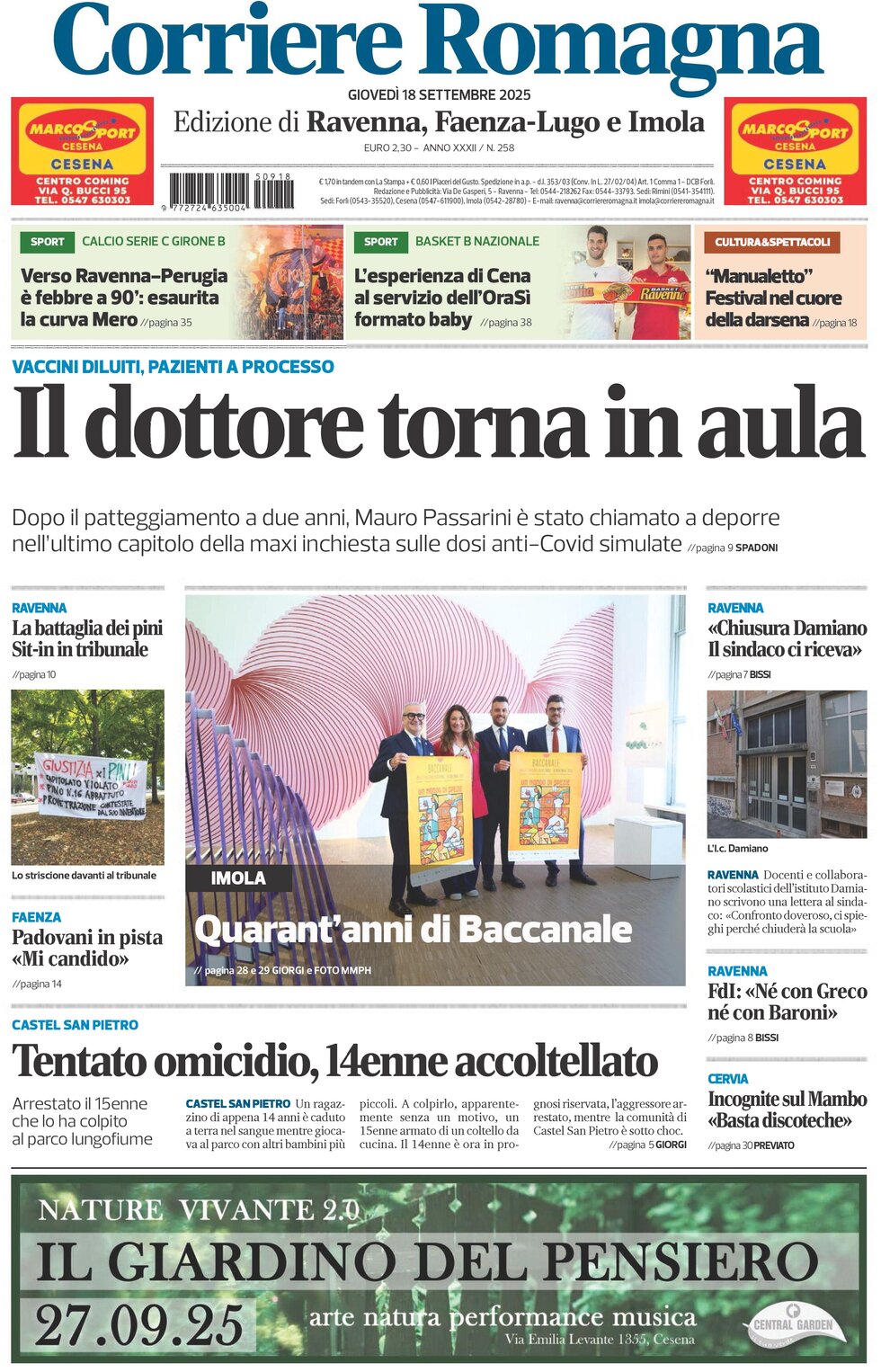 Prima Pagina Corriere Romagna (Ravenna e Imola) 18/09/2025