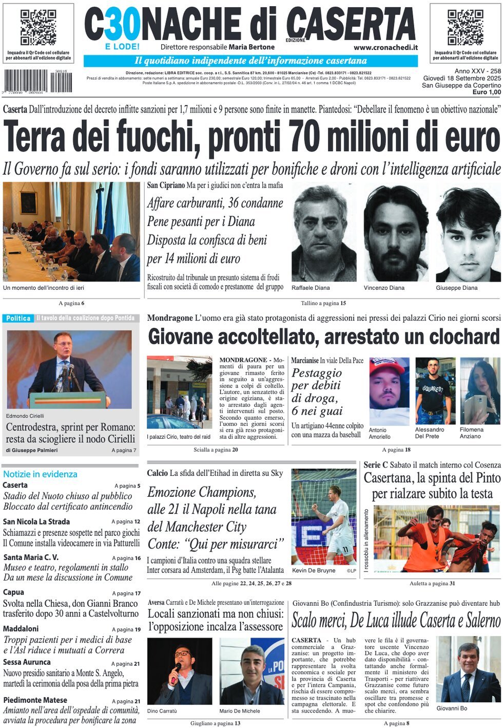 Prima Pagina Cronache di Caserta 18/09/2025