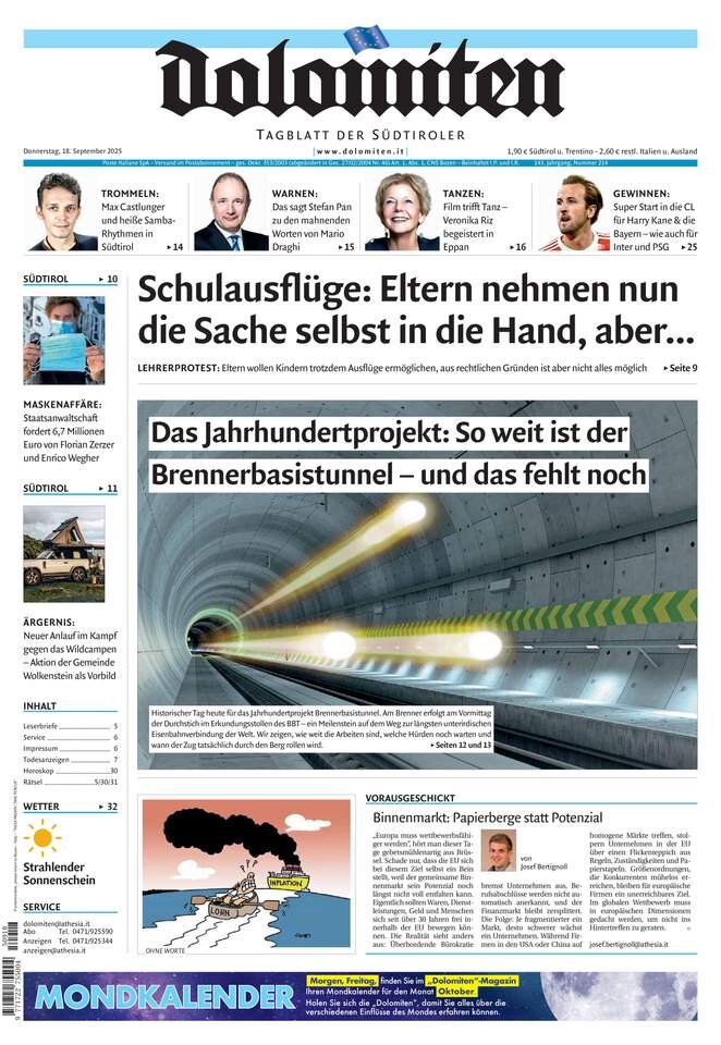 Prima Pagina Dolomiten 18/09/2025