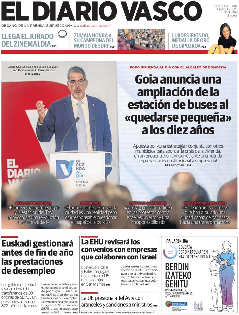 Prima Pagina El Diario Vasco 18/09/2025