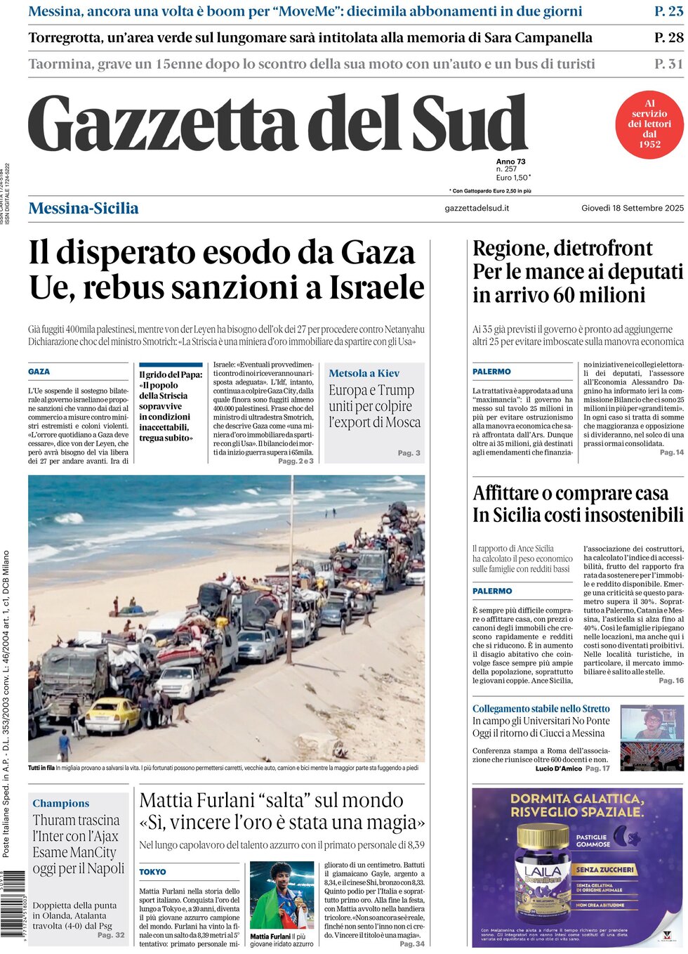Prima Pagina Gazzetta del Sud (Messina) 18/09/2025