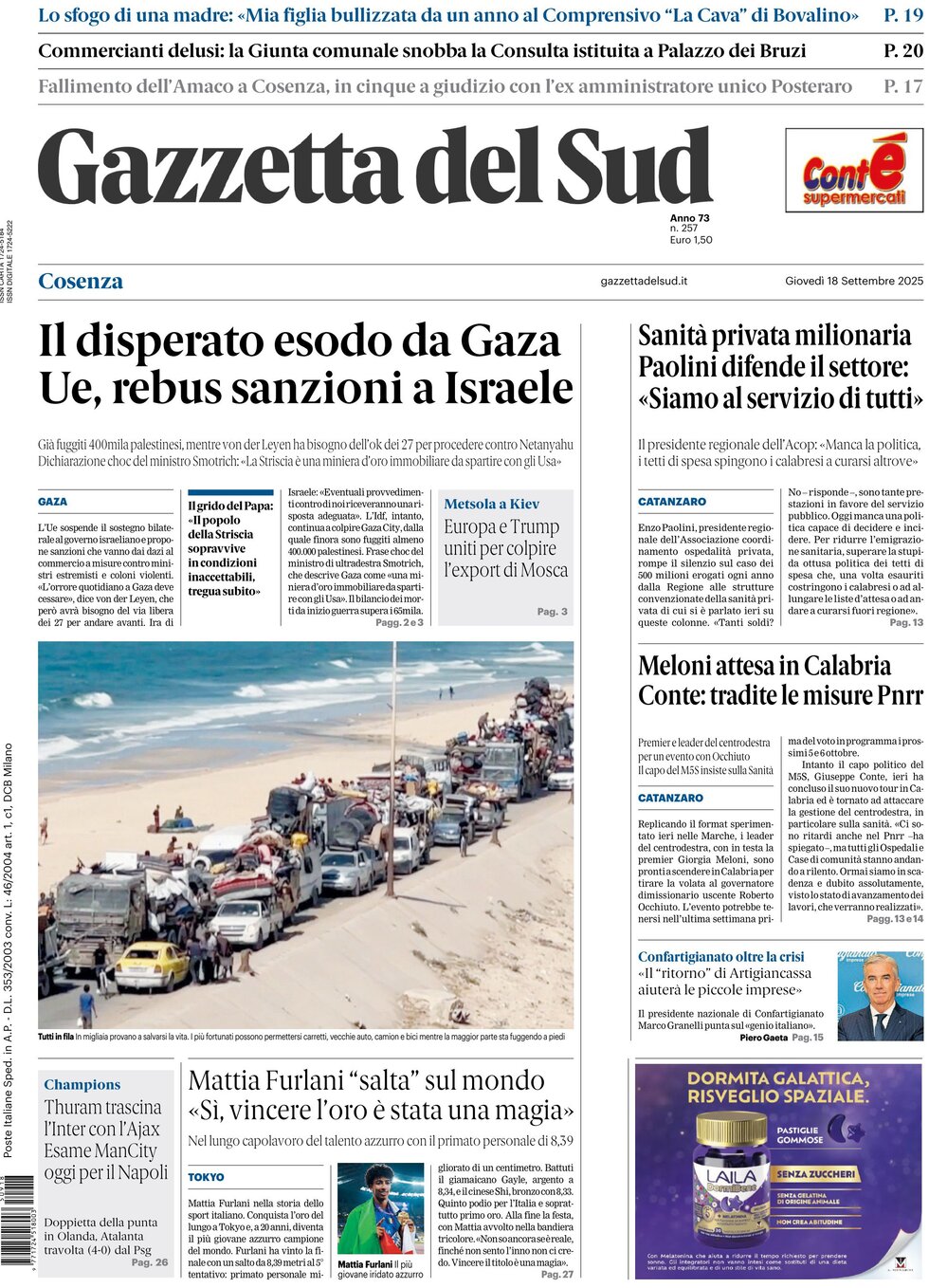 Prima Pagina Gazzetta del Sud (Cosenza) 18/09/2025