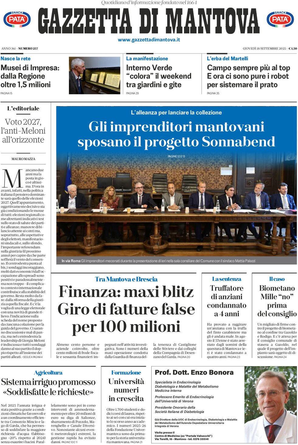 Prima Pagina Gazzetta di Mantova 18/09/2025