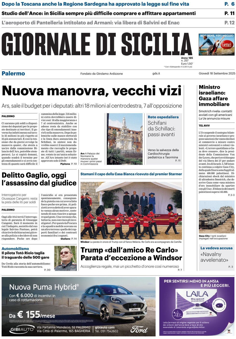 Prima Pagina Giornale di Sicilia (Palermo) 18/09/2025