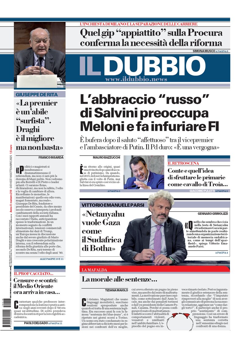 Prima Pagina Il Dubbio 18/09/2025