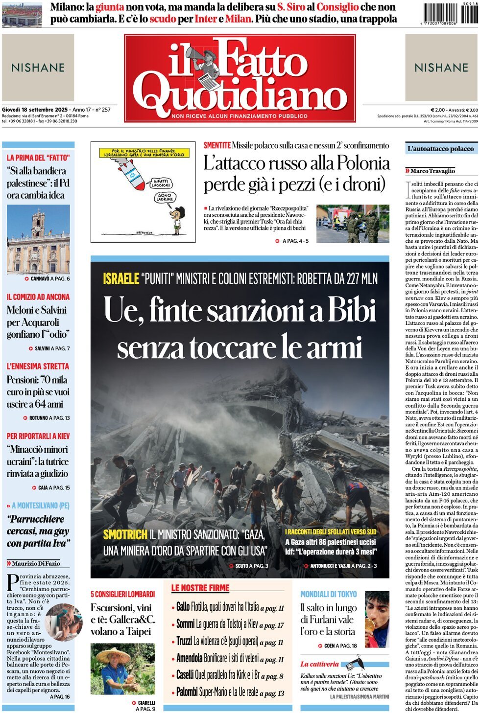 Prima Pagina Il Fatto Quotidiano 18/09/2025