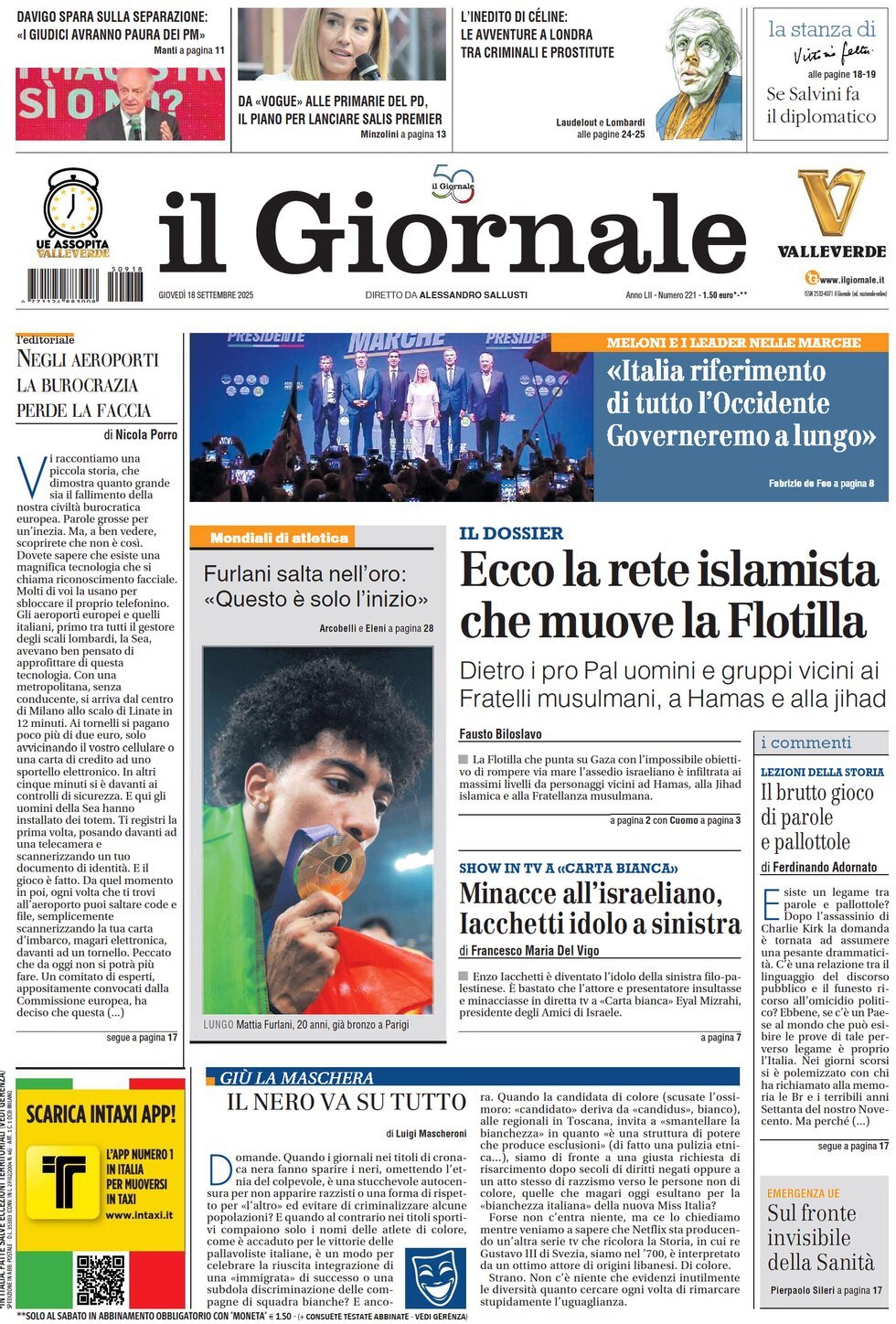 Prima Pagina Il Giornale 18/09/2025