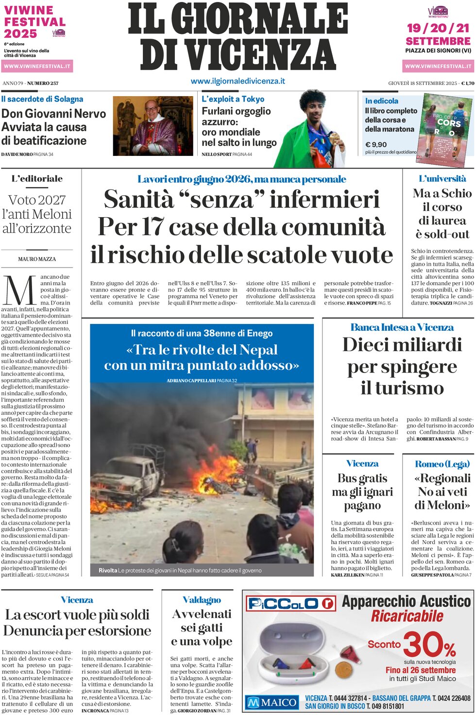Prima Pagina Il Giornale di Vicenza 18/09/2025