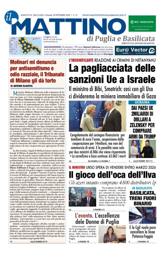 Prima Pagina Il Mattino di Puglia e Basilicata 18/09/2025