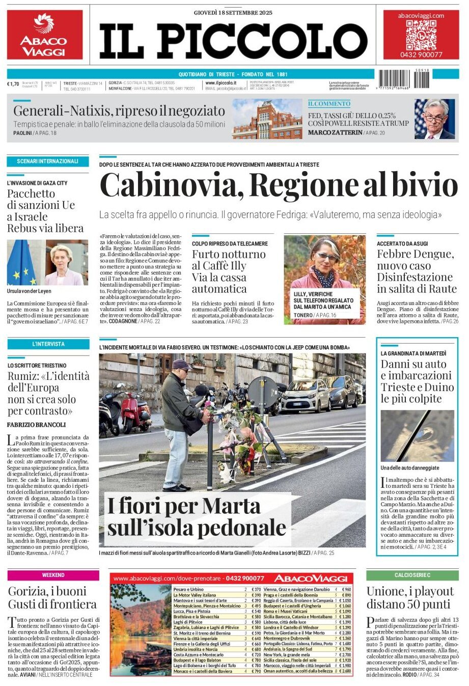 Prima Pagina Il Piccolo (Trieste) 18/09/2025