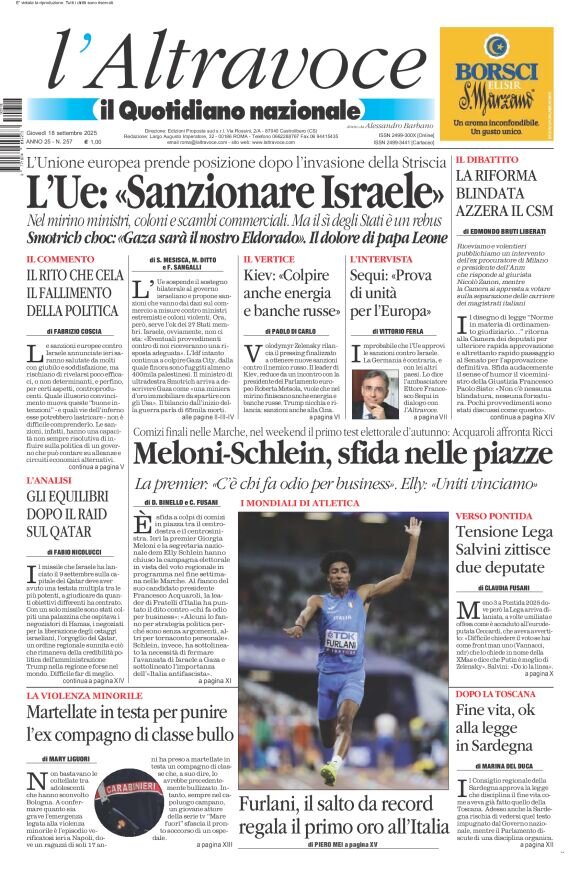 Prima Pagina Il Quotidiano del Sud L'Altravoce 18/09/2025