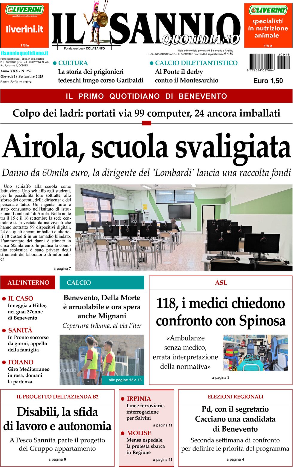 Prima Pagina Il Sannio Quotidiano 18/09/2025