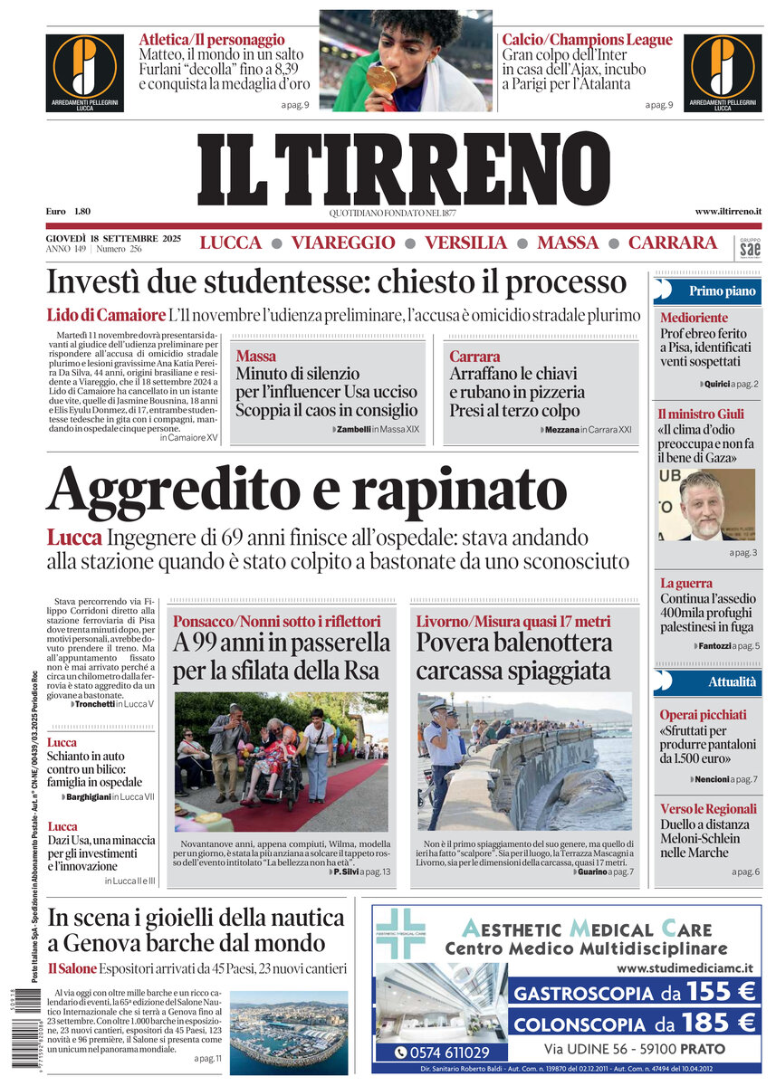 Prima Pagina Il Tirreno (Lucca, Viareggio, Versilia, Massa, Carrara) 18/09/2025