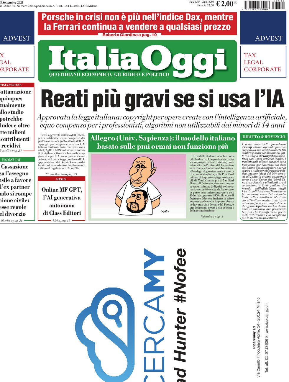 Prima Pagina ItaliaOggi 18/09/2025