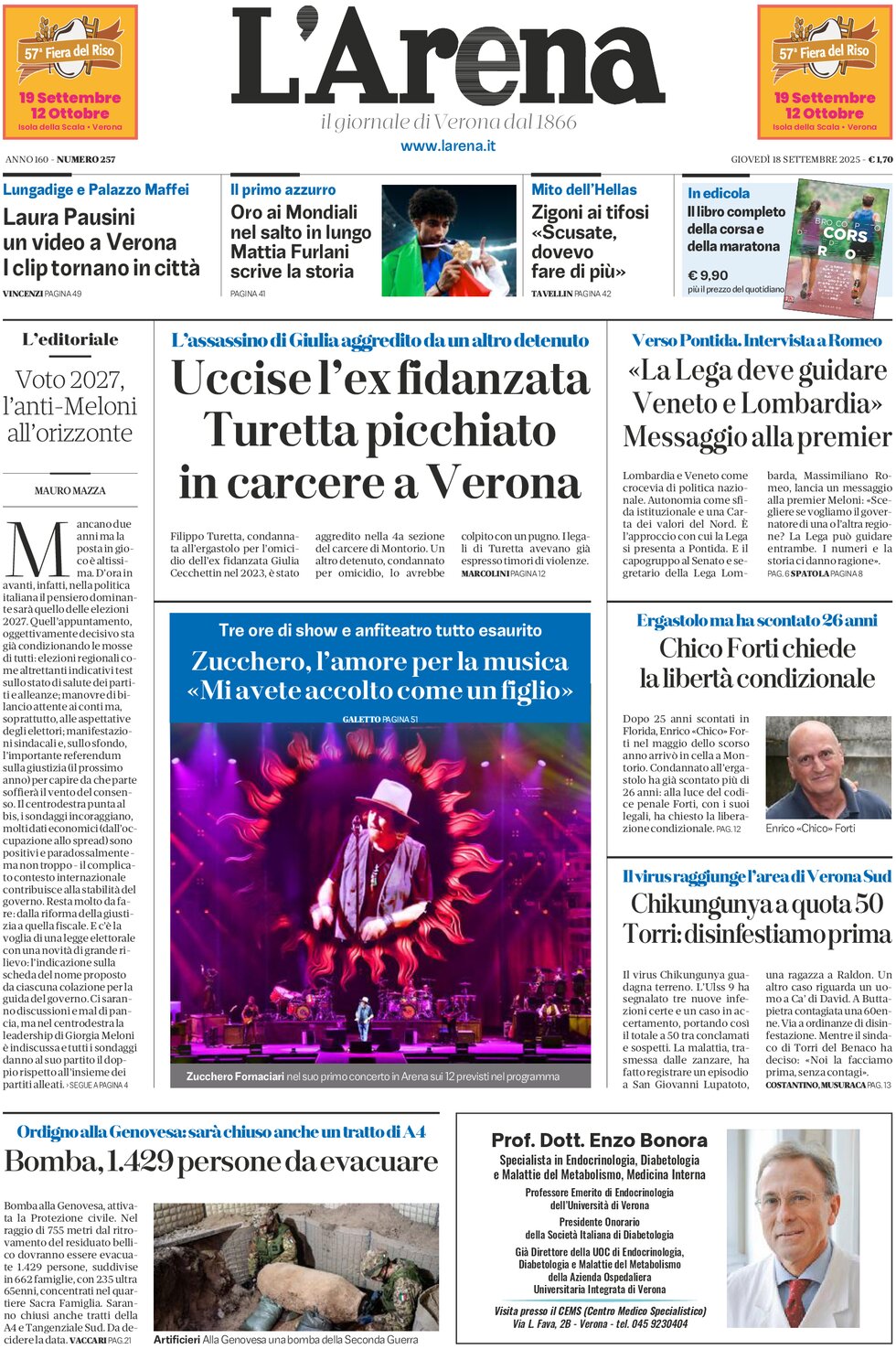 Prima Pagina L'Arena (Verona) 18/09/2025