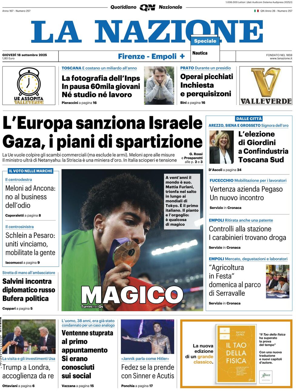 Prima Pagina La Nazione 18/09/2025