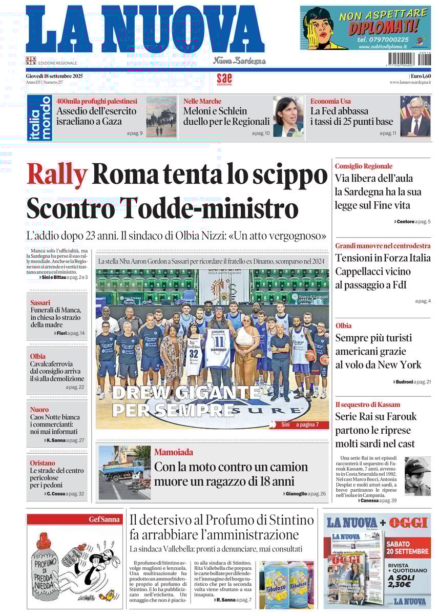 Prima Pagina La Nuova Sardegna 18/09/2025