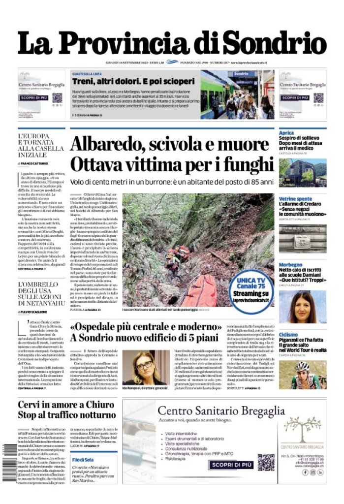Prima Pagina La Provincia di Sondrio 18/09/2025