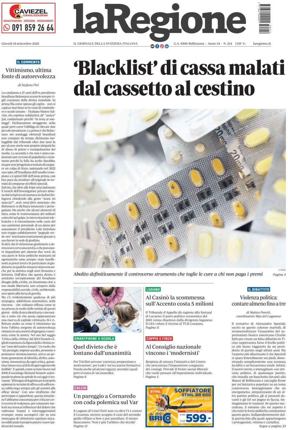 Prima Pagina La Regione 18/09/2025