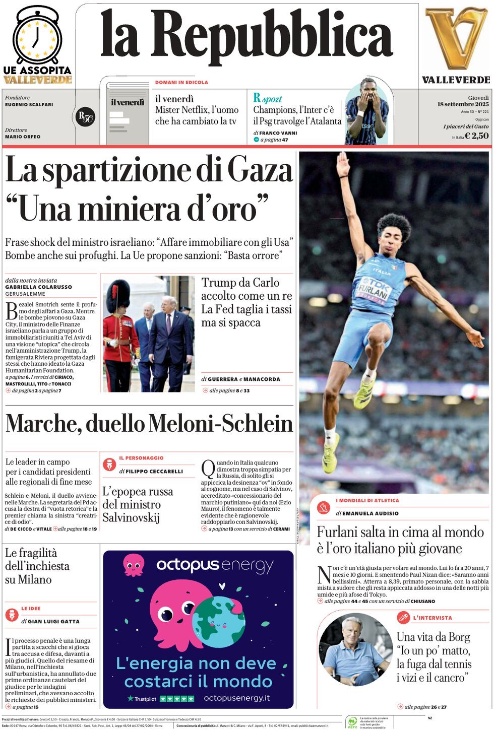 Prima Pagina La Repubblica 18/09/2025