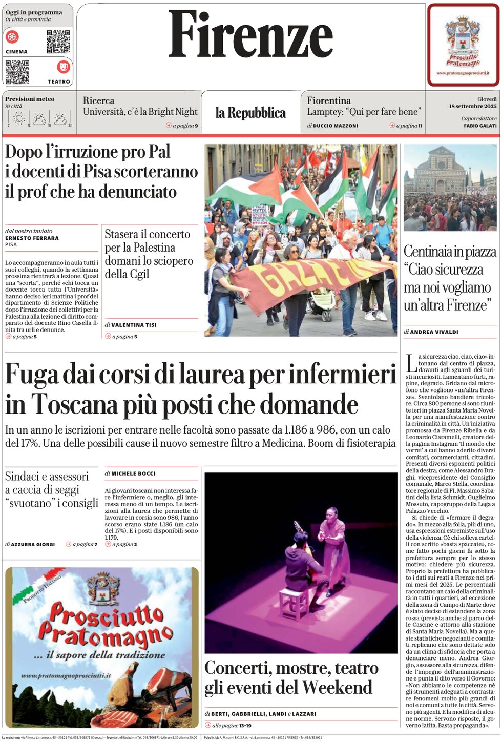 Prima Pagina La Repubblica (Firenze) 18/09/2025