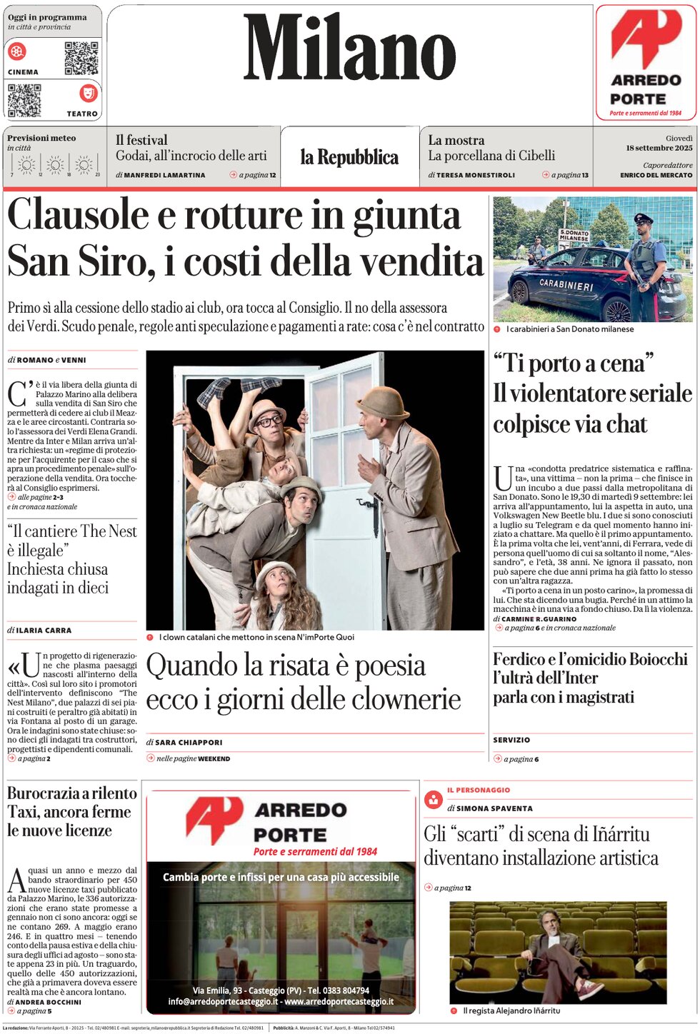 Prima Pagina La Repubblica (Milano) 18/09/2025