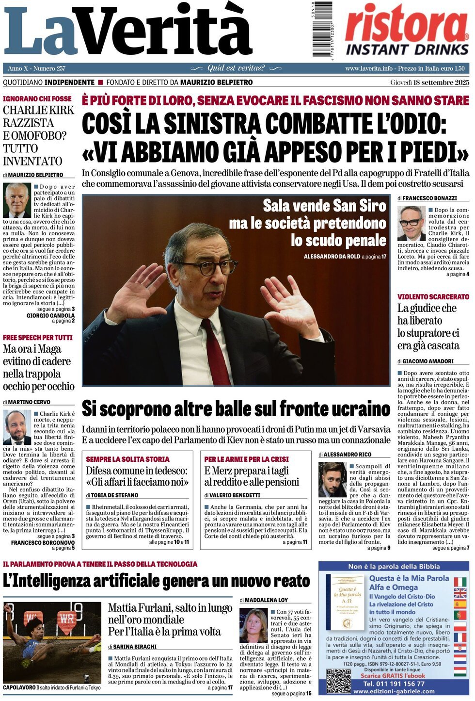 Prima Pagina La Verità 18/09/2025