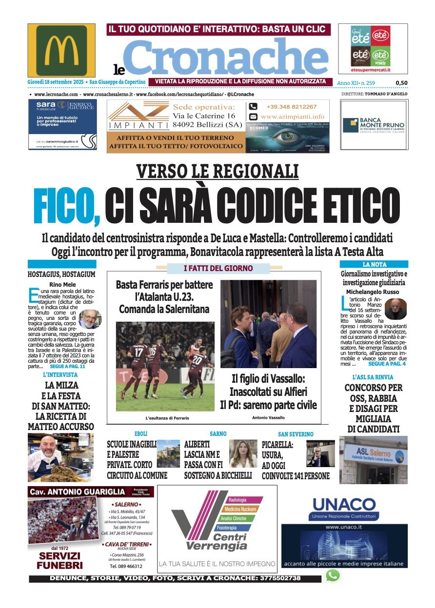Prima Pagina Le Cronache (Salerno) 18/09/2025