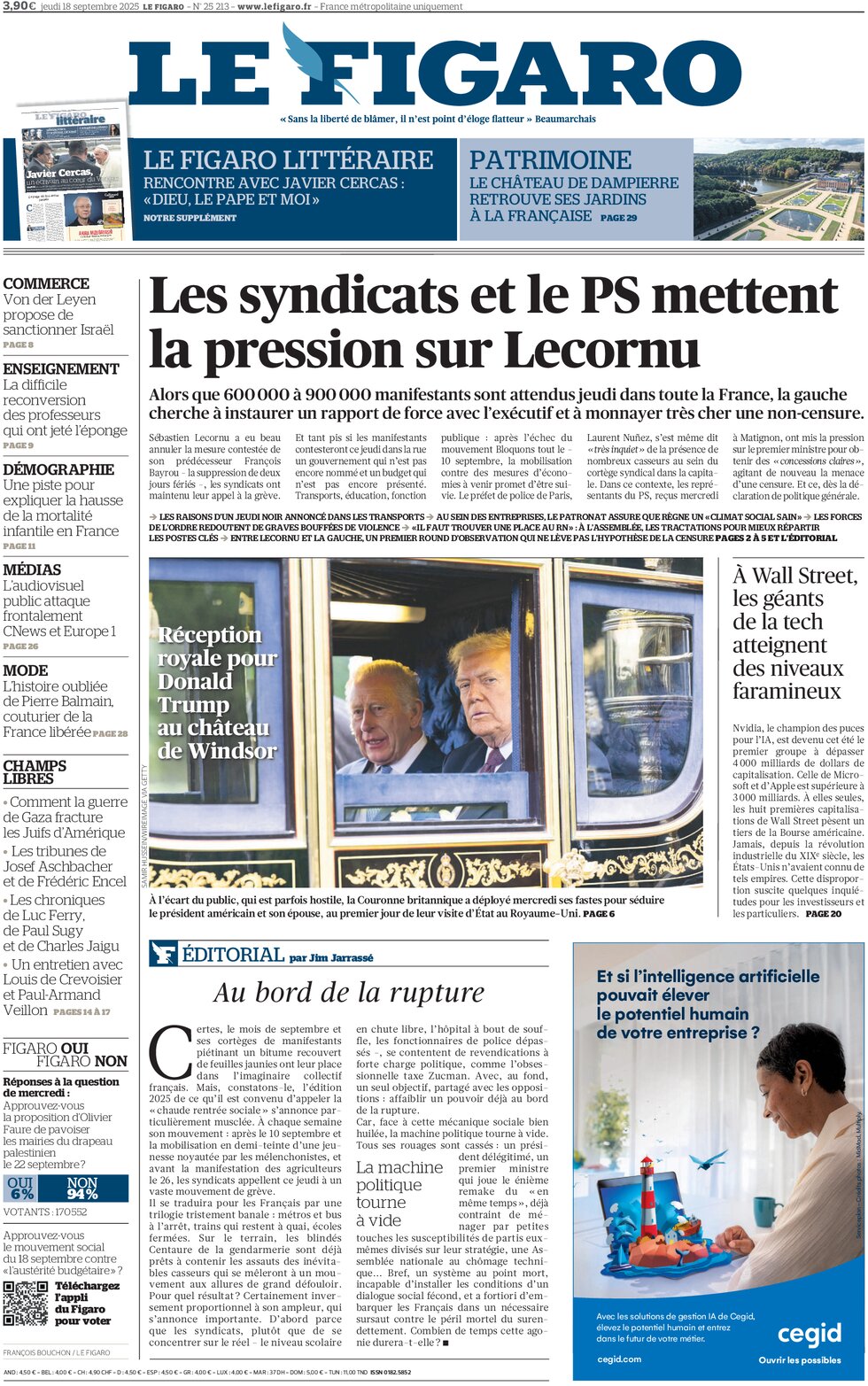 Prima Pagina Le Figaro 18/09/2025