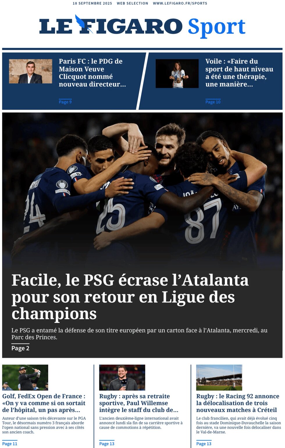 Prima Pagina Le Figaro SPORT 18/09/2025